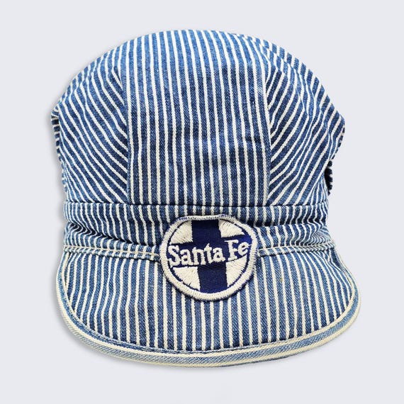 Santa Fe Trains Vintage Railroad Engineer Kids Hat - Blue & White Color Striped Cap - Stitched On Logo - One Size Fits All - FREE SHIPPING