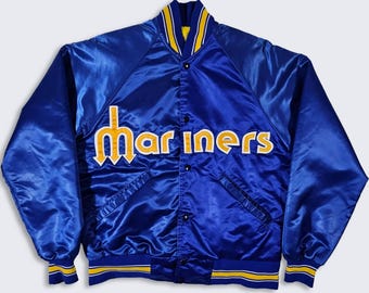 Seattle Mariners Vintage 80s Starter Satin Bomber Jacket - Very Rare - Pitchfork Trident Logo - Men's Size : Medium ( M ) - FREE Shipping