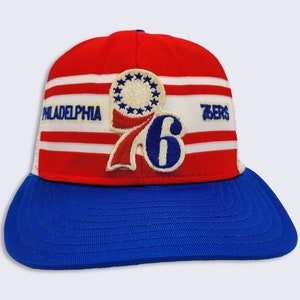 Philadelphia 76ers Vintage 80s AJD Trucker Snapback Hat - White, Red & Blue Color Cap - Made in USA - One Size Fits All - FREE Shipping