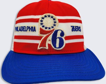 Philadelphia 76ers Vintage 80s AJD Trucker Snapback Hat - White, Red & Blue Color Cap - Made in USA - One Size Fits All - FREE Shipping