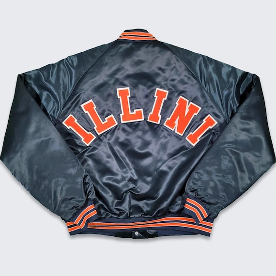 Illinois Ilini Vintage 80s Chalk Line Satin Bomber Jacket - University College Varsity Coat - Size Men's: Extra Large ( XL ) - FREE SHIPPING