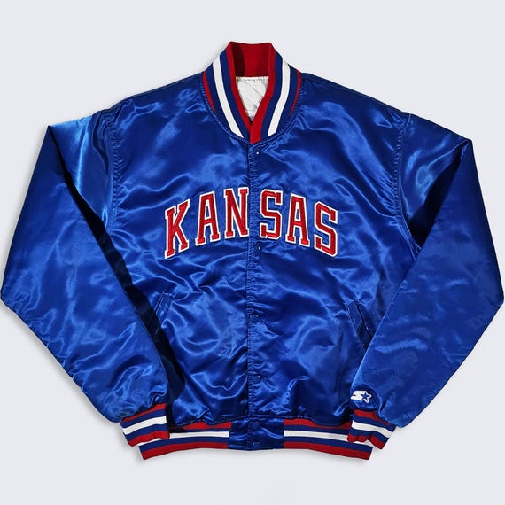 Kansas Jayhawks Vintage 80s Starter Satin Bomber Jacket - Made in USA - Stitched On Logos - Size Men's : Large ( L ) - Free Shipping