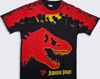 Jurassic Park Vintage 90s AOP All Over Print Movie T-Shirt - Dinosaurs - Single Stitch Film Tee - Men's : Extra Large ( XL ) - Free SHIPPING