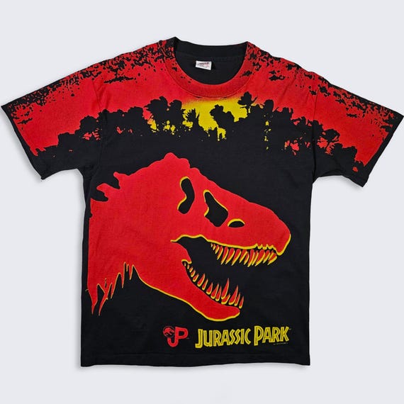 Jurassic Park Vintage 90s AOP All Over Print Movie T-Shirt - Dinosaurs - Single Stitch Film Tee - Men's : Extra Large ( XL ) - Free SHIPPING