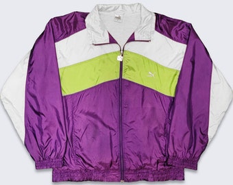 Puma Vintage 90s Purple Windbreaker Jacket - Purple and White Color Light Coat - Zipper Closure - Size Men's 8 Fits M or L - FREE SHIPPING