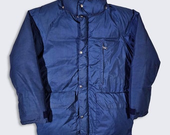 The North Face Vintage 80s Brown Label Down Puffer Jacket - Navy Blue Heavy Weight Coat - Snap & Zipper Closure - Size : L - FREE SHIPPING