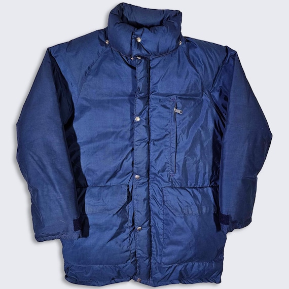 The North Face Vintage 80s Brown Label Down Puffer Jacket - Navy Blue Heavy Weight Coat - Snap & Zipper Closure - Size : L - FREE SHIPPING