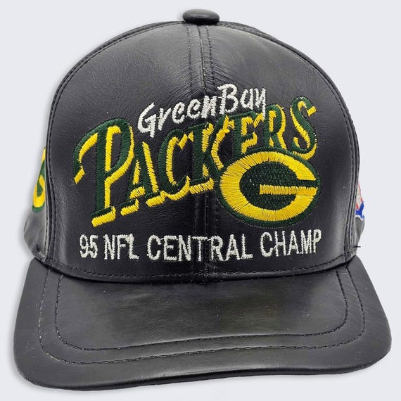 Green Bay Packers Vintage 90s Leather Snapback Hat  - NFL Football Black Color Cap - Stitched On Logos - One Size Fits All - Free SHIPPING