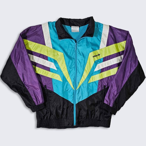 Adidas Vintage 90s Color Block Windbreaker Jacket - Black, Purple, Blue, White & Green Light Weight Coat - Size Men's Medium - FREE SHIPPING