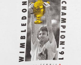 Michael Stitch Vintage 90s Wimbledon Tennis T-Shirt - Fischer - Single Stitch White Fruit of the Loom - 1991 Champion -Size XL-Free Shipping