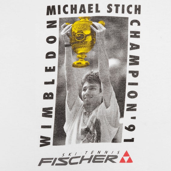 Michael Stitch Vintage 90s Wimbledon Tennis T-Shirt - Fischer - Single Stitch White Fruit of the Loom - 1991 Champion -Size XL-Free Shipping