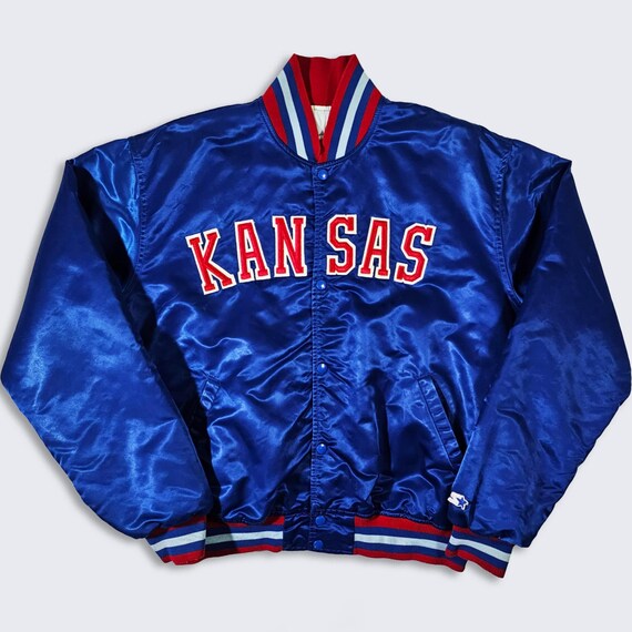 Kansas Jayhawks Vintage 80s Starter Satin Bomber Jacket - Made in USA - Front & Back Logos - Size Men's : Extra Large ( XL ) - Free Shipping