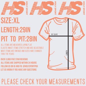 May include: XL-sized t-shirt with measurements: 29 inches in length and 28 inches pit to pit. The image includes text about the item's measurements and vintage sizing. The brand name "HOLY SPORT" is visible.