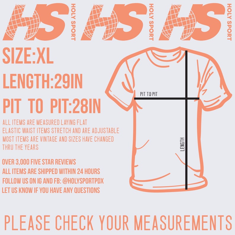 May include: XL-sized t-shirt with measurements: 29 inches in length and 28 inches pit to pit. The image includes text about the item's measurements and vintage sizing. The brand name "HOLY SPORT" is visible.