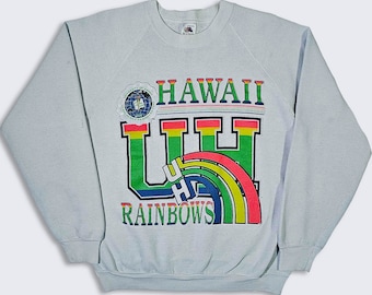 Hawaii Rainbows Warriors Vintage 90s Sweatshirt - University Light Blue Sweater - Puff Print - Extremely Rare - Size Large - FREE SHIPPING