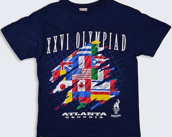 Atlanta Olympics Vintage 90s Flags Nations T-Shirt - XXVI Olympiad 96 - Single Stitch Navy Blue Hanes Beefy Tee - Size : M - FREE SHIPPING