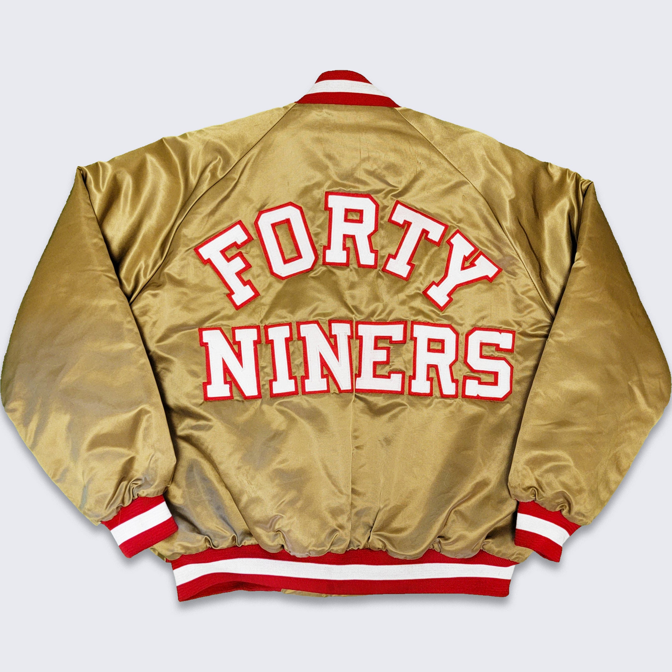 San Francisco 49ers vintage 90s Chalk Line Satin Bomber Jacket Doublure rouge matelassee Fabrique aux Etats Unis Manteau dore Taille 2XL Envoie gratuit Etsy France
