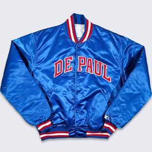 DePaul Blue Demons Vintage 80s Starter Satin Bomber Jacket - University College Blue & Red Coat - Very Rare - Size Men&#39;s XL - Free SHIPPING