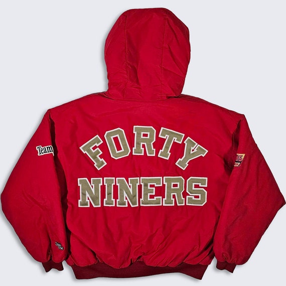 San Francisco 49ers Vintage 80s Chalk Line Hooded Jacket - NFL Football Red Color Coat - Size Men's : Extra Large ( XL ) - Free Shipping