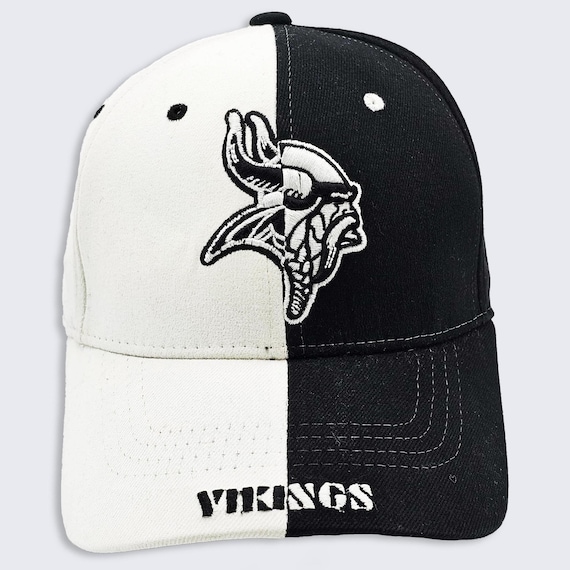 Minnesota Vikings Vintage Reebok Black & White Adjustable Hat - Stitched On Logo - Baseball Style Cap - One Size Fits All - Free SHIPPING