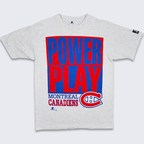 Montreal Canadiens Vintage 90s Starter Power Play T-Shirt - NHL Hockey - Single Stitch Heather Gray Tee - Made in Canada - L - FREE SHIPPING