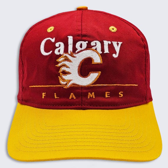 Calgary Flames Vintage 90s Twins Snapback Hat  - NHL Official - Hockey Red & Yellow Baseball Style Cap - One Size Fits All - Free SHIPPING