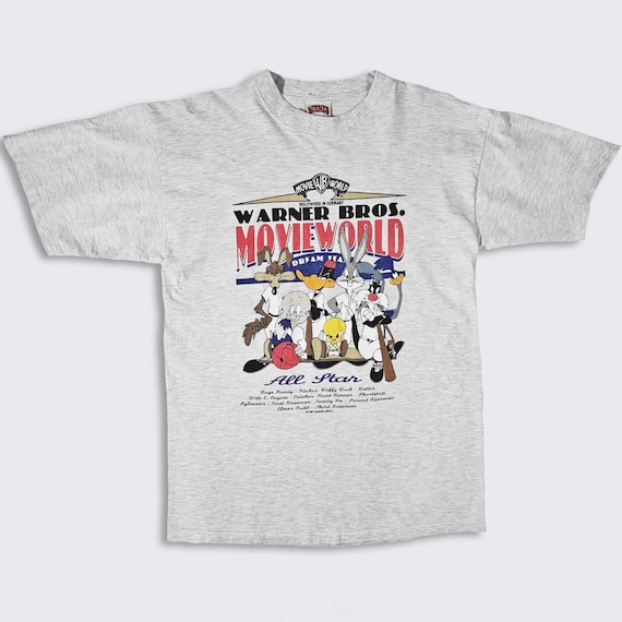 Looney Tunes Vintage 90s Movie World Baseball T-Shirt - Warner Bros All Star - Nutmeg Mills - Men's Size : Large ( L ) - Free Shipping