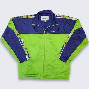 Diadora Vintage 90s Lime Green & Navy Blue Track Jacket - Athleisure Soccer Style Light Coat - Size Men&#39;s Large or XL - FREE SHIPPING