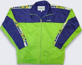 Diadora Vintage 90s Lime Green & Navy Blue Track Jacket - Athleisure Soccer Style Light Coat - Size Men's Large or XL - FREE SHIPPING
