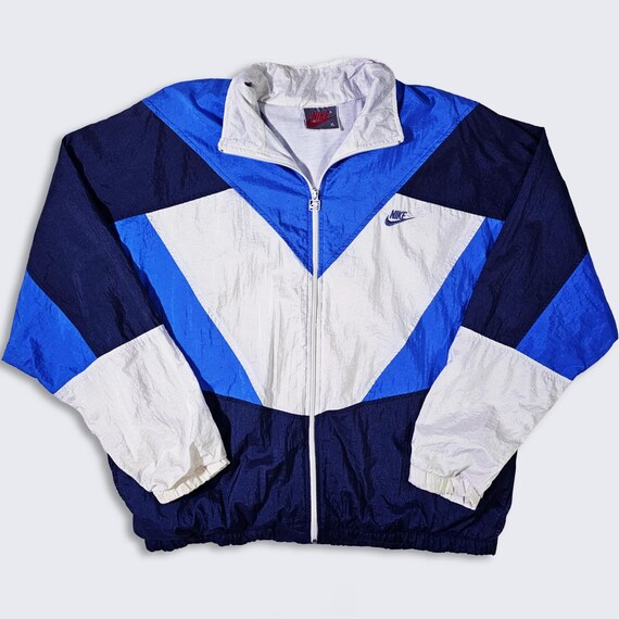Nike Vintage 90s Color Block Windbreaker Jacket - White, Black & Blue Color Lightweight Coat - Size Men's : Extra Large (XL) - FREE SHIPPING