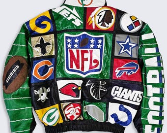 NFL Vintage 90s Patches Custom Handmade Leather Jacket - Extremely Rare - Football Teams Bomber Varsity Coat - Men's : XL - Free Shipping