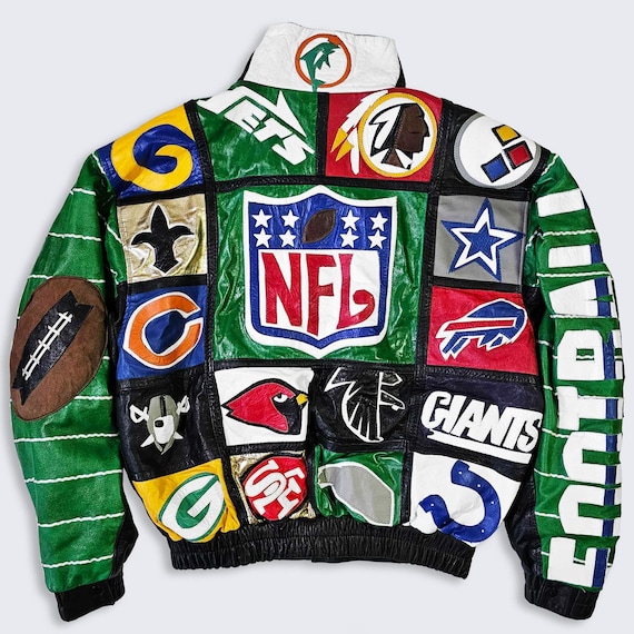 NFL Vintage 90s Patches Custom Handmade Leather Jacket - Extremely Rare - Football Teams Bomber Varsity Coat - Men's : XL - Free Shipping