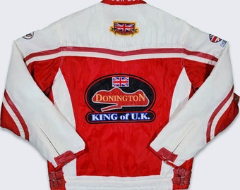 United Kingdom Vintage Donnington Racing Motorcycle Jacket - King of UK - Konai Pistons - Motor Rider - Men's Size : XL - Free SHIPPING