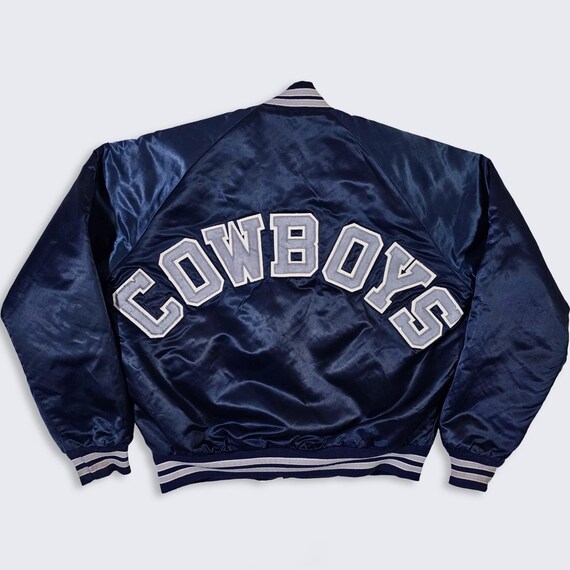 Dallas Cowboys Vintage 80s Chalk Line Satin Bomber Jacket - Navy Blue Color Coat - Stitched On Logos - Men's Size: Small (S) - Free SHIPPING