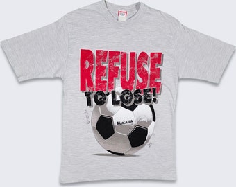 Mikasa Vintage 90s Japan Soccer T-Shirt- Single Stitch Heather Gray Tee - Refuse to Lose Never Ever Quit - Life's a Sport - S -FREE SHIPPING