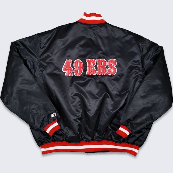 San Francisco 49ers Vintage 80s Starter Satin Bomber Jacket - Made in USA - NFL Football Black & Red Coat - Size 5XL -Free Shipping