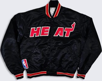 Miami Heat Vintage 90er Jahre Starter Satin Bomberjacke - Schwarz & Rot - Hergestellt in den USA - Größe Herren: Groß (L) - KOSTENLOSER Versand