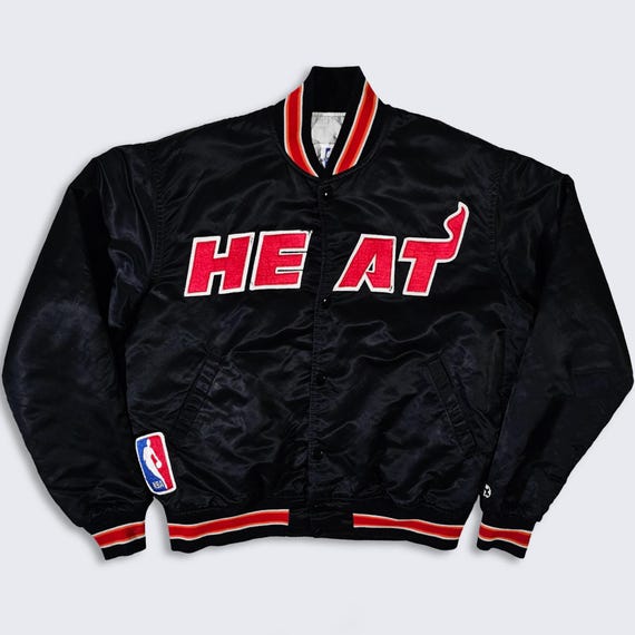 Miami Heat Vintage 90s Starter Satin Bomber Jacket - Black & Red Color Coat - Made in USA - Size Men's : Large ( L ) - FREE Shipping