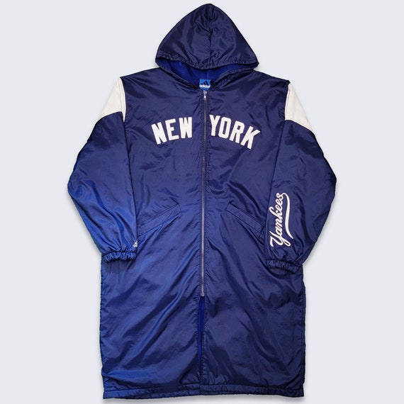 New York Yankees Vintage 90s Adidas Trench Coat - Fleece Lined -MLB Baseball Long Heavy Coat - Navy Blue Color- Men's Size XL -Free SHIPPING