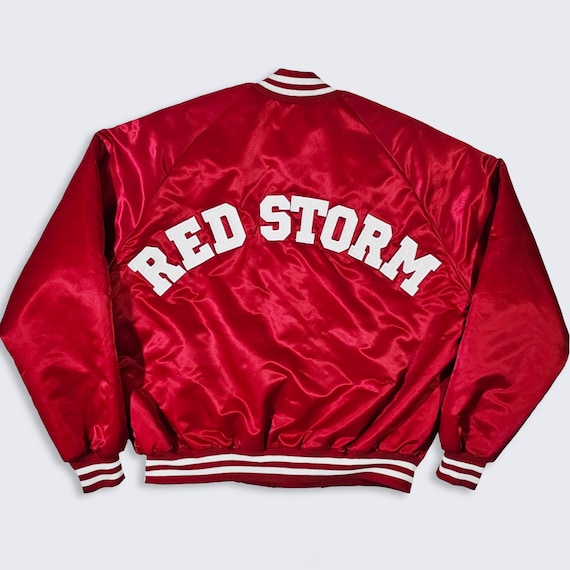 St John's Red Storm Vintage 90s Chalk Line Satin Bomber Jacket - Red Color Varsity Coat - Men's Size : Extra Large ( XL ) - FREE SHIPPING