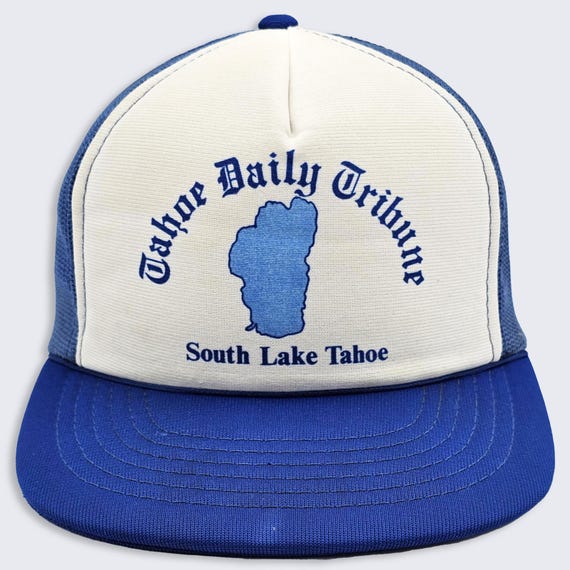 Lake Tahoe Vintage 70s Daily Tribune Newspaper Trucker Snapback Hat - Blue & White Color Cap - 100% Polyester - One Size - FREE SHIPPING