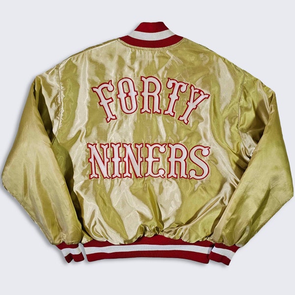 San Francisco 49ers Vintage 80s DeLong Satin Bomber Jacket - Western Cowboy Font - NFL Gold Coat - Made in USA - Size : L - Free Shipping
