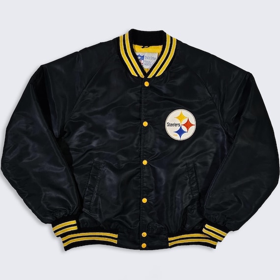 Pittsburgh Steelers Vintage 70s Stahl Urban Satin Bomber Jacket - Black & Yellow Color NFL Coat - Men's : Extra Large ( XL ) - FREE Shipping