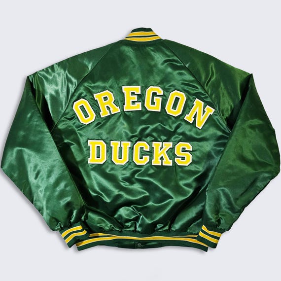 Oregon Ducks Vintage 80s Chalk Line Satin Bomber Jacket - UO University Green & Yellow Coat - Extremely Rare - Men's Size: L - FREE SHIPPING