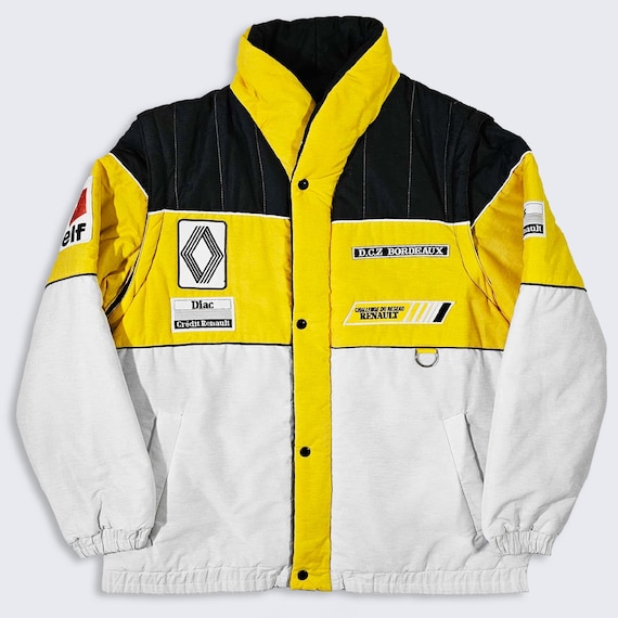 Renault Vintage 90s Formula 1 France Racing Jacket - Zip Off Sleeves - Snap Closure - Men's Size : Extra Large ( XL ) - FREE SHIPPING