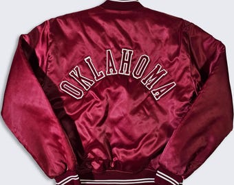 Oklahoma Sooners Vintage 80s Bike Satin Bomber Jacket - University College Burgundy Color Coat - Men's Size : Large ( L ) - FREE Shipping