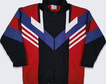 Adidas Vintage 90s Color Block Jacket - Red Blue Black & White Heavy Coat - Fold Out Hood - Zipper Closure - Size Men's L - FREE SHIPPING