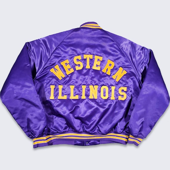 Western Illinois Leathernecks Vintage 80s Chalk Line Satin Bomber Jacket - University College Purple Coat - Size XL - FREE SHIPPING