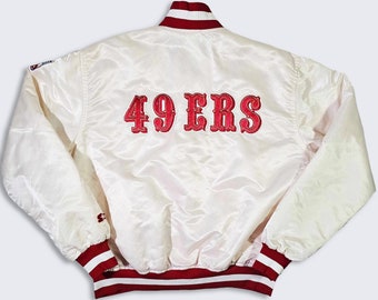 San Francisco 49ers Vintage 80s Starter Satin Bomber Jacket- NFL Football White Color Coat - Size Men's : Extra Large (XL) - Free Shipping
