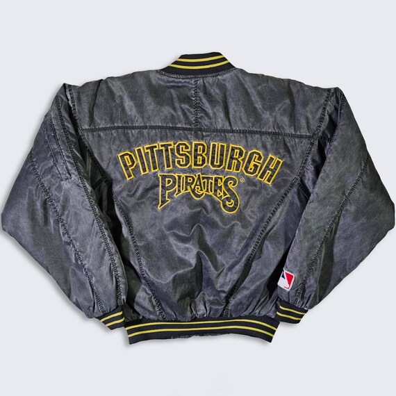 Pittsburgh Pirates Vintage 90s Bomber Flight Jacket - Acid Wash Look - MLB Baseball Gray Coat - Quilted Lining - Men's : L - FREE SHIPPING